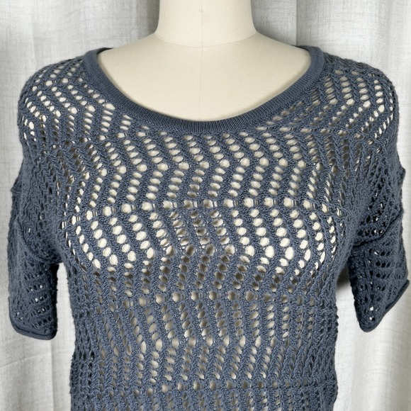 James Perse Blue Grey Size 2 Cashmere Wool Open Weave Sweater Short Sleeve - Picture 2 of 11